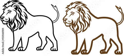 Lion vector set black, brown line style. Premium wild animal crest symbol. Lion logos convey strength, power and leadership. Can be used as a logo or brand mark, symbolizing courage and determination.