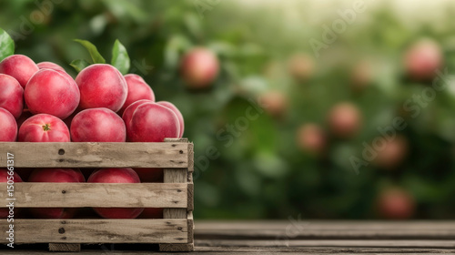 A wooden crate filled with fresh, ripe red apples ready for harvest.