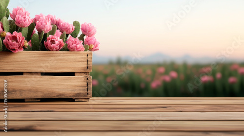 A wooden crate filled with pink flowers against a serene landscape at sunset.