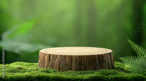 A wooden stump on lush green moss, surrounded by a serene forest atmosphere.