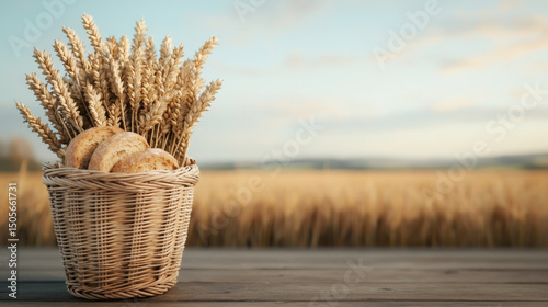 A woven basket filled with fresh bread and wheat stalks in a serene landscape.