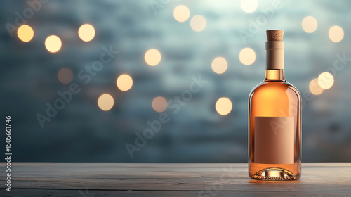 An elegant bottle of rose wine on a wooden table with soft bokeh lights in the background.