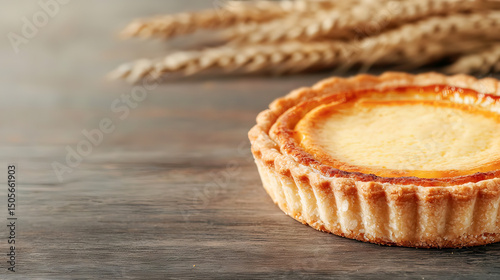 Delicious and golden pastry tart with a smooth, creamy filling on rustic wood surface.
