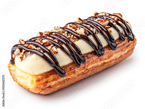 Delicious dessert with creamy filling, drizzled with chocolate and topped with nuts.