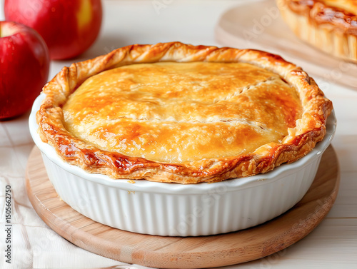 Delicious homemade apple pie fresh from the oven served in a white dish.