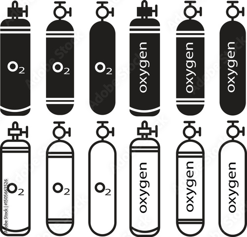 O2 gas cylinder flat, line icon set. Compressed oxygen tank vector. Scuba diver illustration collection. Breathing and Industrial Equipment Symbol. LPG propane bottle container. Canister fuel storage.