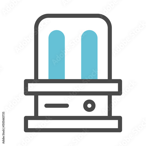 Simplified depiction of a retro-futuristic device with vibrant cyan accents