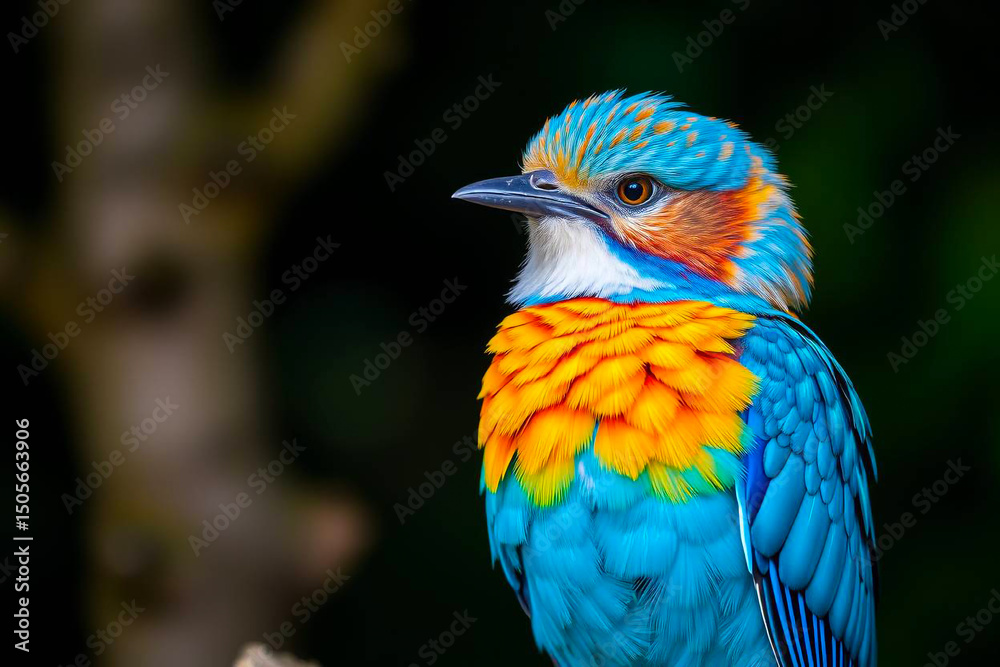 Fototapeta premium Stunning European Roller Perched on a Tree Branch, Showcasing Its Vivid Blue and Brown Plumage in a Serene Natural Setting, Vibrant Wallpaper