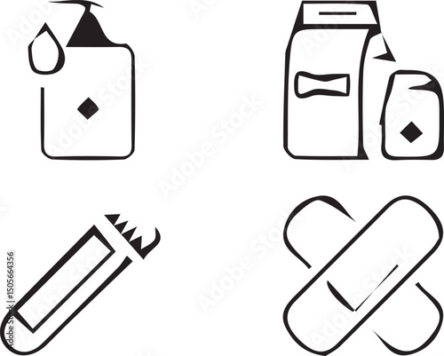 Essential First-aid Set: A set of minimalistic black and white illustrations showcasing essential first-aid items for medical support. 
