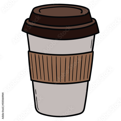 Hand drawn cartoon disposable paper cup with lid on white background.