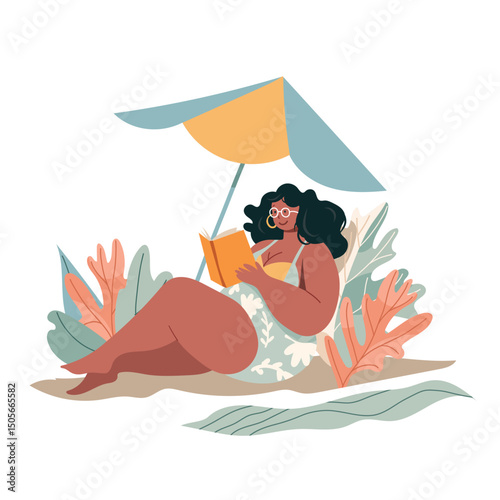 Relaxed womaIllustration of a smiling woman enjoying a book under a beach umbrella, surrounded by tropical leaves in a calm setting. n reading book on beach. Vector illustration