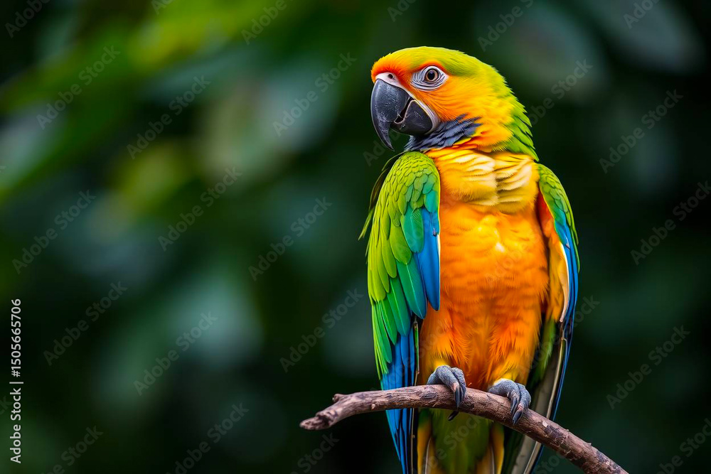 Obraz premium Magnificent Green-Winged Macaw Perched on a Tree Branch, Displaying Its Vivid Red, Green, and Blue Plumage in a Tropical Setting, Vibrant Wallpaper