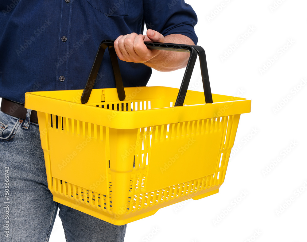 Fototapeta premium Man with empty shopping basket on white background, closeup