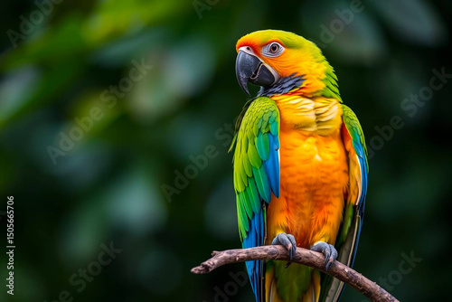Magnificent Green-Winged Macaw Perched on a Tree Branch, Displaying Its Vivid Red, Green, and Blue Plumage in a Tropical Setting, Vibrant Wallpaper