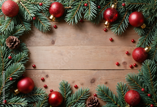 AI generated. A frame of Christmas decoration, on a wooden background