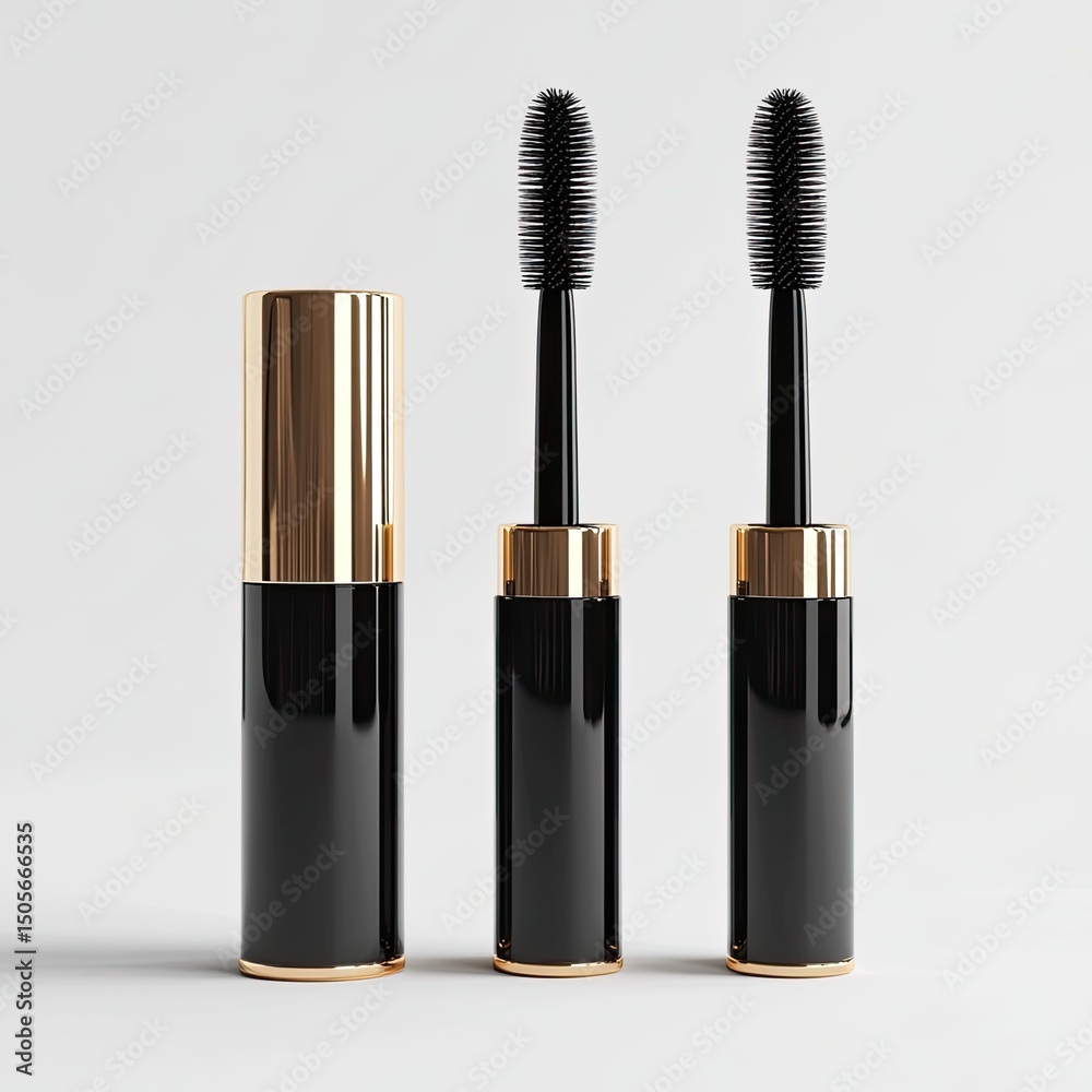 Obraz premium Three black mascara containers with gold accents, against a plain background