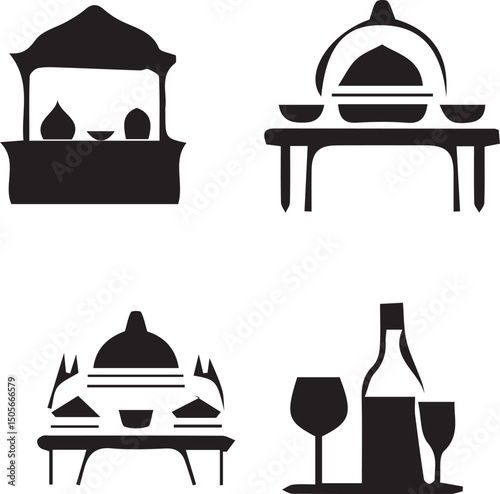 Culinary Elegance: A collection of monochromatic vector illustrations featuring food, drink and table, ideal for design elements, evoking the essence of fine dining and event planning.