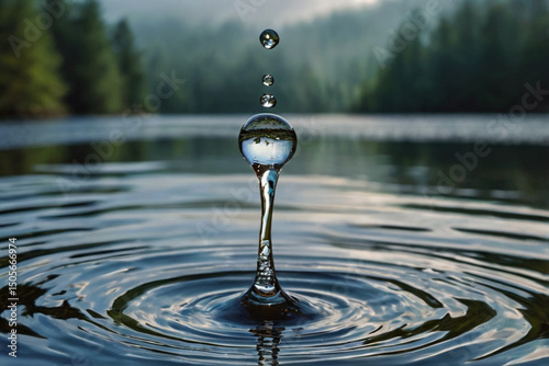 Close-up macro shot of a single drop of water falling into a still lake, creating concentric ripples, surrounded by foggy forest reflection, metaphor of unity and surrender, ultra high detail 