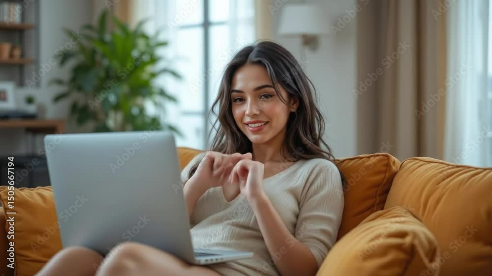 Happy woman working from home using laptop feeling relaxed and comfortable Happy woman working from home using laptop feeling relaxed and comfortable