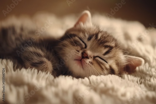 Sleeping fluffy kitten on soft background photo