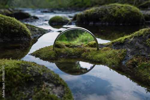 A small round mirror placed on a mossy rock in the middle of a quiet river, reflecting the sky with moving clouds, surreal and symbolic, calm water surface, natural soft lighting