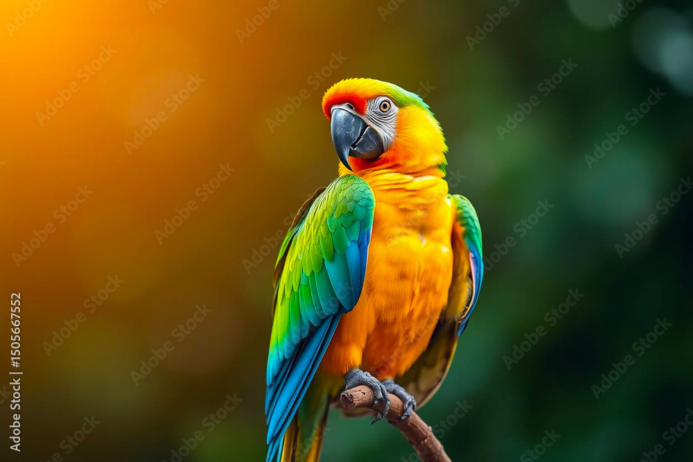 Obraz premium Magnificent Green-Winged Macaw Perched on a Tree Branch, Displaying Its Vivid Red, Green, and Blue Plumage in a Tropical Setting, Vibrant Wallpaper