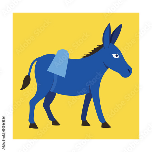 Cartoon illustration of a blue donkey with saddle on a bright yellow background