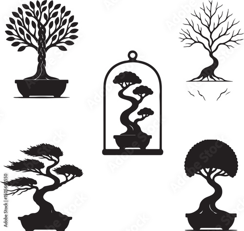 Silhouette Bonsai Tree Icons Set – Minimalist Nature Clipart for Zen and Decor Projects