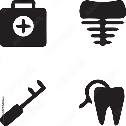 Essential Tools: A simple, graphic illustration of medical and dental equipment in stark black and white. Showcasing precision and clarity