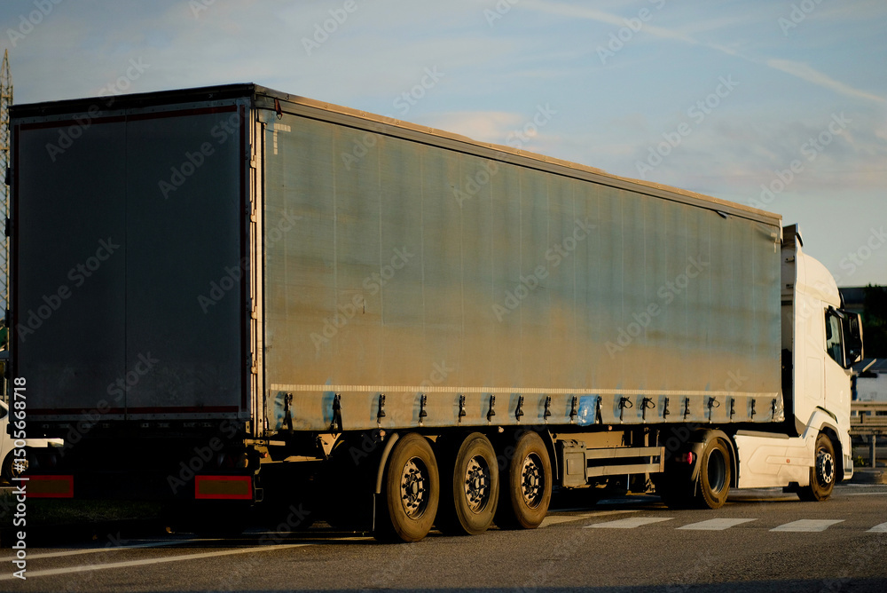 Long Semi-Trailer Truck Driving Through Roadway at Golden Hour Long Semi-Trailer Truck Driving Through Roadway at Golden Hour
