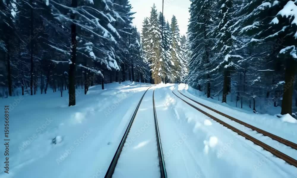 Winter Railway Journey: A breathtaking view from the front of a train traversing a snowy landscape, with tracks cutting through a forest of snow-laden trees.