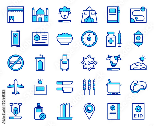 Hajj Umrah Icons Set: Eid al Adha, Muslim Pilgrimage, Halal Food, Mosque, Prayer, Travel, Minimalist Filled Line Vector