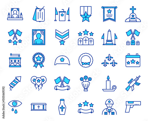Memorial day, Military, Veteran Icons Set: Remembrance, Memorial, Patriotism, Service, Warfare, Minimalist Filled Line Vector