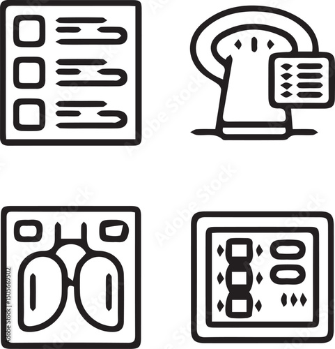 Medical Icon Set: A collection of four minimalist medical icons, including a checklist, MRI machine, lungs, and an X-ray image. These line art icons are ideal for healthcare websites, apps.