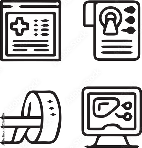 Medical Icons Set: A comprehensive collection of medical icons representing various diagnostic tools and procedures, rendered in a clean, illustrative style