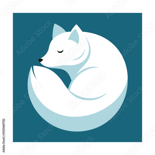 Simple illustration of a curled up arctic fox in a teal frame with a minimalist style