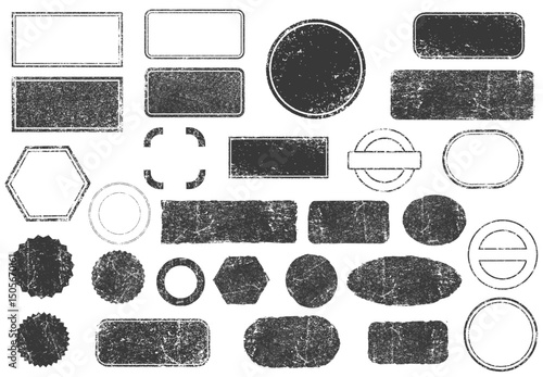 Stamps frames vector icon shape set. Stamp grunge ink rubber labels sign collection. Isolated on white background. Black round and square stamp border pack.
