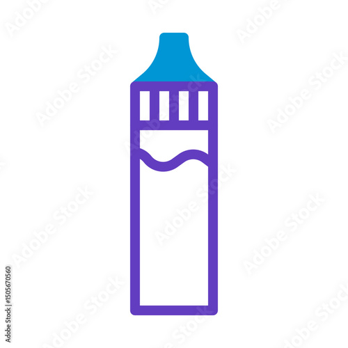 Simplified line drawing of a blue and purple outlined bottle with liquid inside