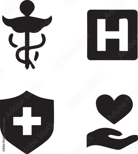 Health and Care Symbol Set: A compilation of iconic symbols representing the essence of health, care, and medical services. This image encapsulates elements associated with well-being and healthcare