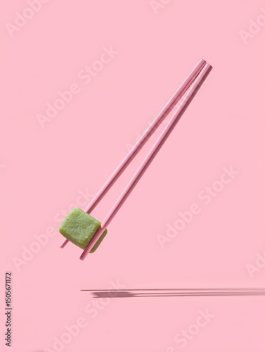 Pink chopsticks hold a vibrant green mochi square against a pastel pink backdrop. Minimalist, clean design; perfect for food blogs, packaging, or Asian cuisine themes.