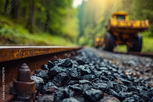 Railway track close-up, with a dump truck in the background