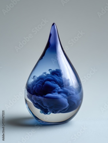 Abstract art: deep blue ink cloud in a teardrop glass.  Clean design, vibrant color, perfect for backgrounds or branding. Isolated, high-resolution image.