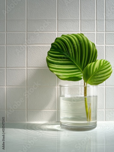 Striking Calathea orbifolia leaf in a glass of water against a white tile background.  Minimalist composition with soft light and shadows. Perfect for home decor or botanical prints.