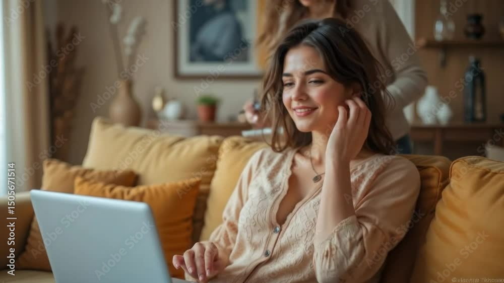 Happy woman working from home using laptop feeling relaxed and comfortable Happy woman working from home using laptop feeling relaxed and comfortable