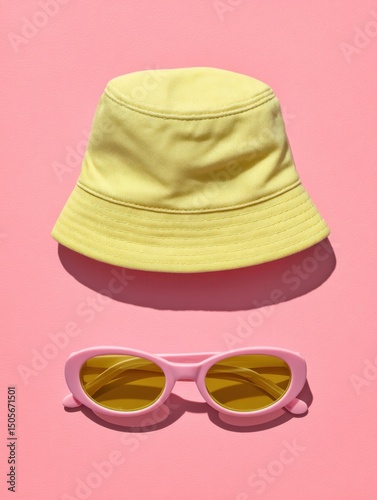 Pastel yellow bucket hat and pink sunglasses on a pink background.  Flat lay, minimalist style, perfect for summer fashion blogs or advertising.