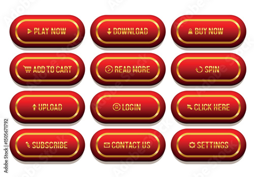 Buttons for web design. Red buttons with gold letters. Set of vector 3D buttons.