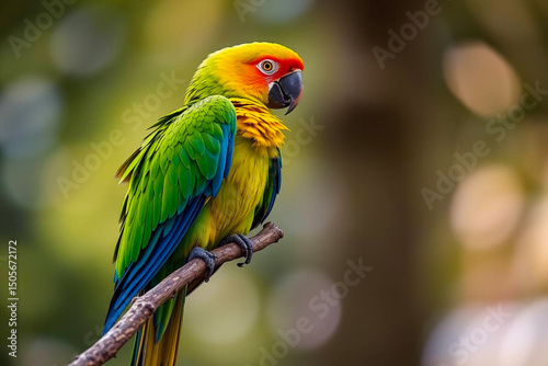 Magnificent Green-Winged Macaw Perched on a Tree Branch, Displaying Its Vivid Red, Green, and Blue Plumage in a Tropical Setting, Vibrant Wallpaper