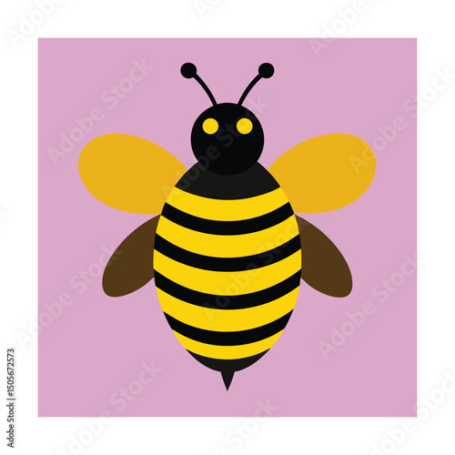 Cartoon illustration of a bumblebee with black and yellow stripes on a pink background