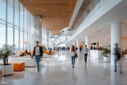 Businesspeople are walking in a modern office lobby with orange and white furniture, large windows, and wooden ceiling, creating a vibrant and professional atmosphere