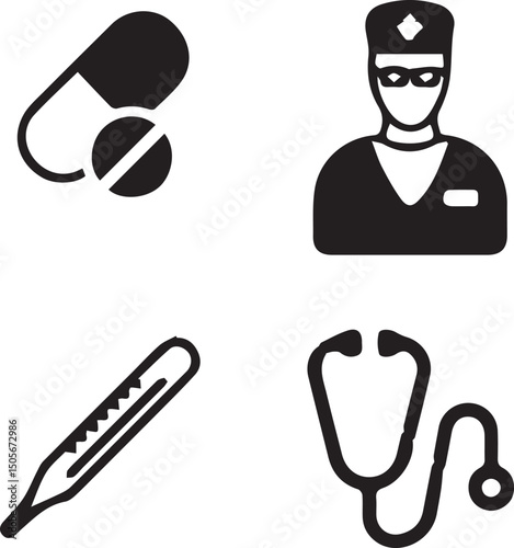 Medical Icon Set: A comprehensive collection of medical icons, including pills, doctor, thermometer, and stethoscope, providing a visual representation of healthcare tools.